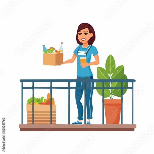 Woman Holding Grocery Bag On Balcony For Urban Lifestyle.
