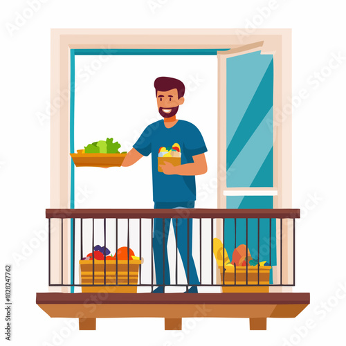 Man Standing on Balcony with Grocery Basket.
