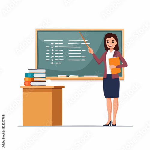 Female teacher standing by chalkboard giving lesson.