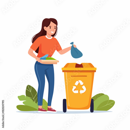 Woman Recycling Food Waste Into Yellow Trash Bin.