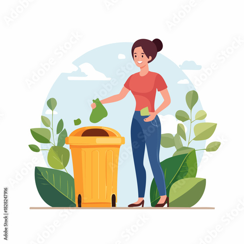 Woman standing by yellow trash bin disposing waste.
