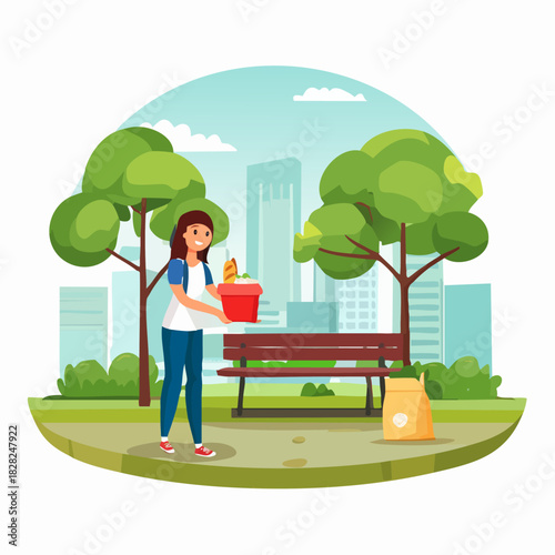 Woman Cleaning Park Litter With Basket And Gloves.