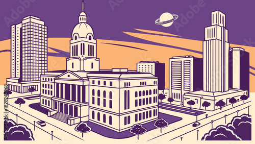 Modern vector detailed cityscape of houston skyline with buildings and planet graphics. Suitable for city skyline illustrations and urban themes.