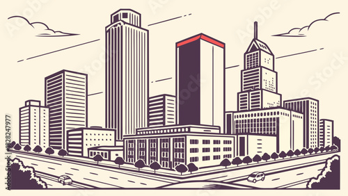 Houston skyline vector retro cityscape art depicts tall buildings and clouds, suitable for houstonthemed designs, city promotions, and travel posters.