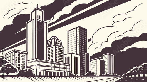 Houston skyline vector with art deco design under dramatic clouds is ideal for vintagethemed designs or houston city promotions.