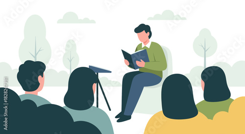 Engaging outdoor book reading session with an audience, perfect for promoting literacy programs or community events, originally vector for scalable designs