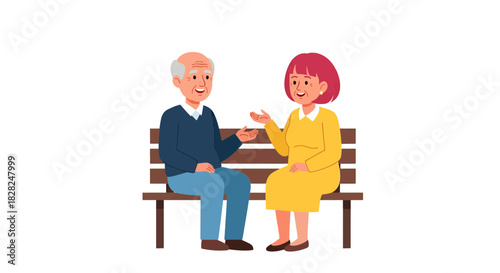 Engaging Illustration of Senior Couple Chatting on Park Bench, Capturing Connection and Joyful Retirement Moments, Perfect for Lifestyle and Family Content