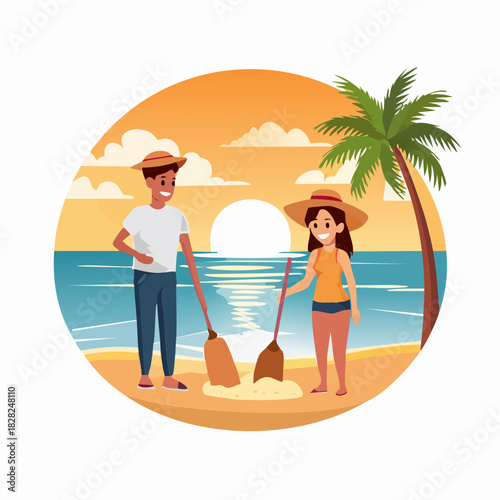 Two people digging on sunny beach together.