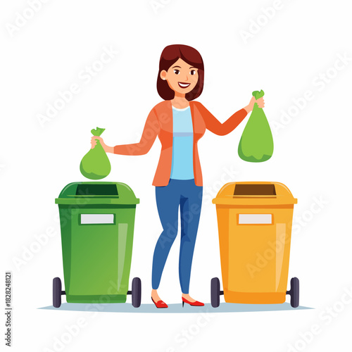 Woman Holding Recycling Bags Beside Color Coded Bins.