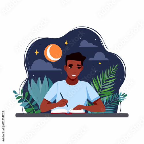 Focused man writing at desk under night sky and plants.