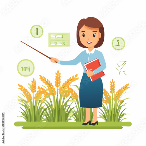 Female teacher guiding lesson in a crop field with pointer.
