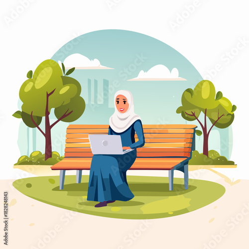 Woman in hijab using laptop on park bench.