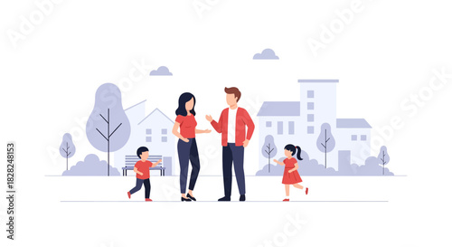 Happy family enjoying quality time together in a peaceful neighborhood, perfect for illustrating family values, community, and the joys of everyday life
