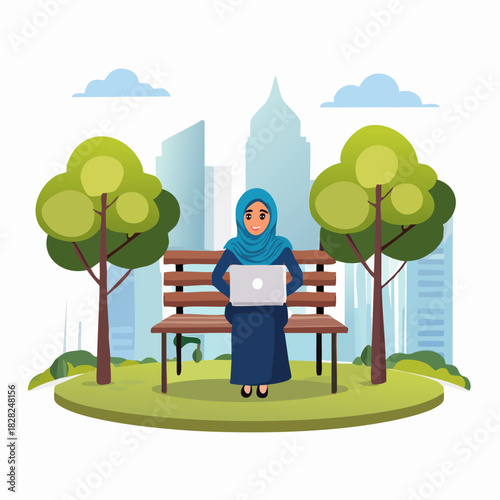 Person sitting on bench using laptop outdoors.