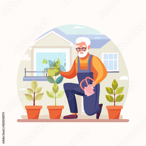 Elderly gardener tending potted plants in garden.