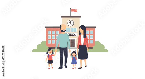 Charming family illustration at school building, parents and daughters holding hands, back to school concept, education, family values, school days memory