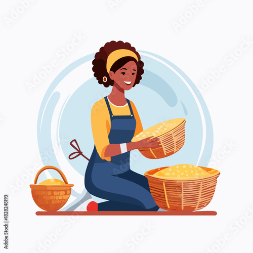 Woman in apron kneading dough illustration with baskets.