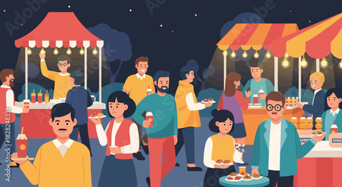 Vibrant street food festival illustration with people enjoying delicious treats at colorful vendor stalls under the night sky creating a lively atmosphere