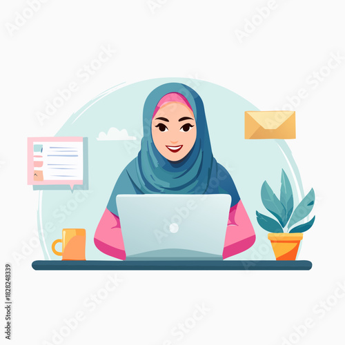 Young hijab wearing woman working on laptop at desk.