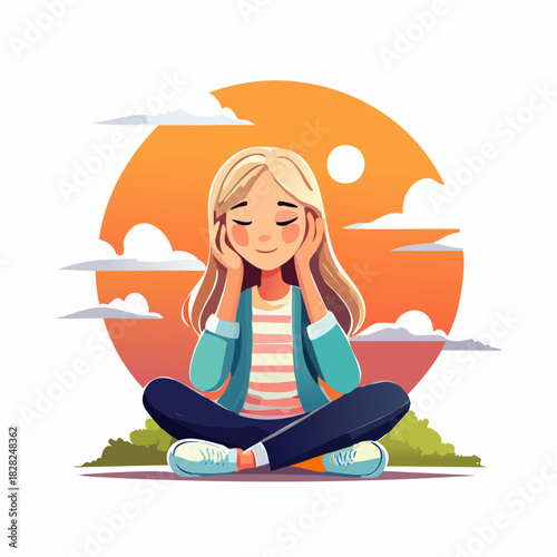 Young girl meditating outdoors in sunset scene.