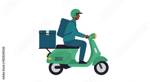 Speedy delivery service illustration featuring a courier on a stylish scooter, delivering packages with efficiency and a modern, eco-friendly approach