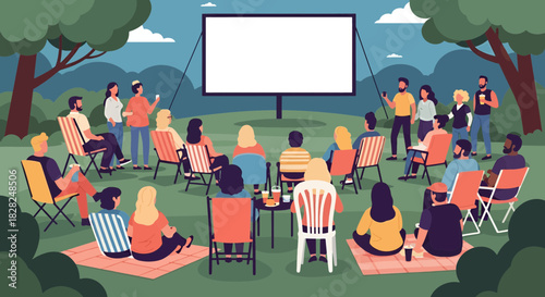 Outdoor movie night gathering friends and family enjoying cinematic experience under the stars, perfect for summer fun and community events in the park