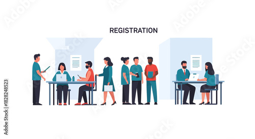 Streamlined registration process with diverse individuals, modern and efficient for events, conferences, and business onboarding, originally a scalable vector graphic