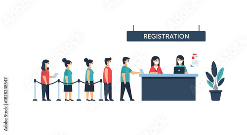 Patient people in line wearing masks for registration, line at registration desk, modern and professional scene of people waiting for their turn