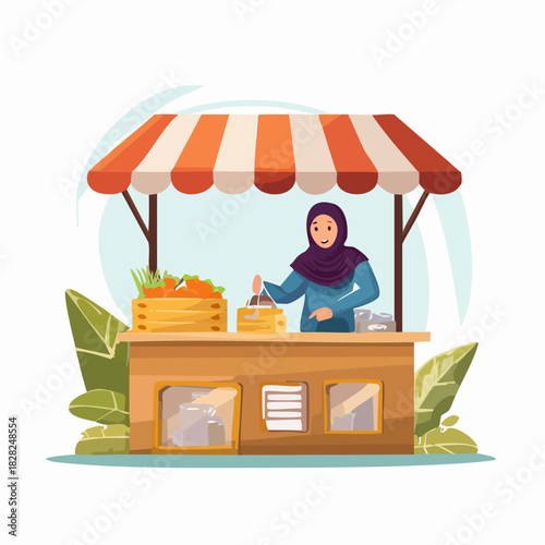 Market Vendor Standing at Busy Street Stall.