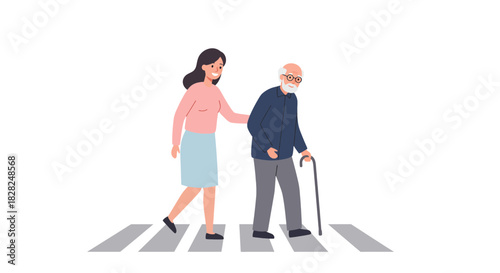 Caring young woman assisting elderly man with cane across crosswalk, senior care and companionship, modern lifestyle, promoting intergenerational support