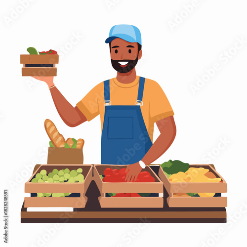 Friendly farmer presenting fresh vegetables at market stall.