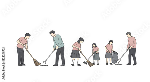 Teamwork cleaning our planet together for a better future, community service project, family working together to clean up litter, environmentally conscious effort