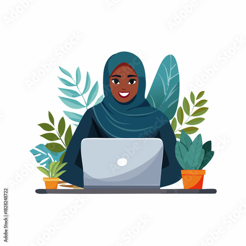 Hijab wearing woman using laptop at desk.