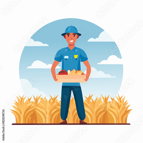 Farmer Standing in Wheat Field with Basket.