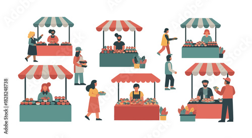 Vibrant farmers market scene with vendors and customers, perfect for community events, food festivals, and local business promotions with a lively atmosphere