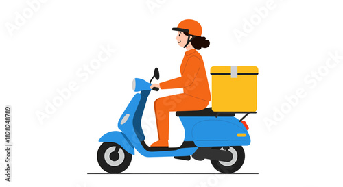 Speedy delivery service with cheerful woman on scooter, delivering packages fast and efficiently, perfect for modern logistics and e-commerce solutions