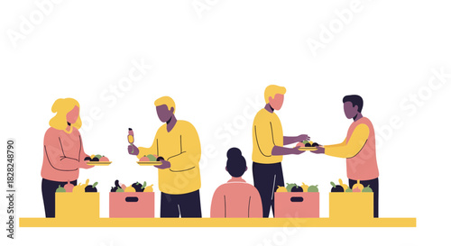 Diverse group enjoying healthy food at a vibrant farmer's market, promoting community and sustainable living through fresh produce selections