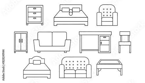 Comprehensive Home Furniture Line Icons Set: Interior Design Collection Featuring Bed, Sofa, Armchair, Dresser, Wardrobe, Desk, Chair, and Coffee Table Symbols