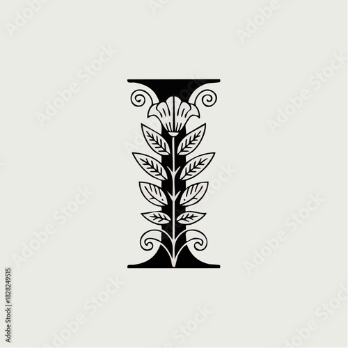A decorative black and white illustration of the letter I, featuring a central floral stem with leaves, a flower, and elegant scrollwork.