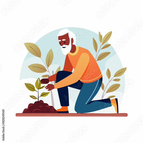 Gardener Kneeling and Planting Seedling in Garden Bed.