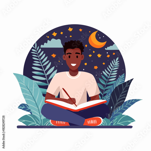 Young person reading a book under a night sky surrounded by plants.