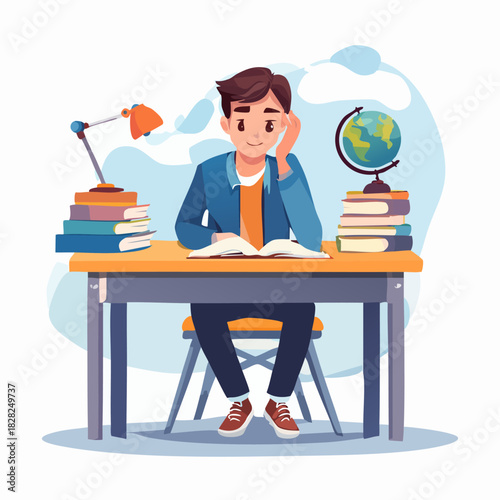 Focused student sitting at a desk studying with books.