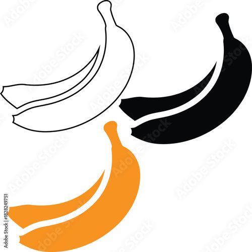 Three Banana Icons Outline Solid Black and Orange fruit