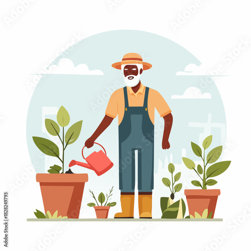 Gardener standing watering plants in garden scene.