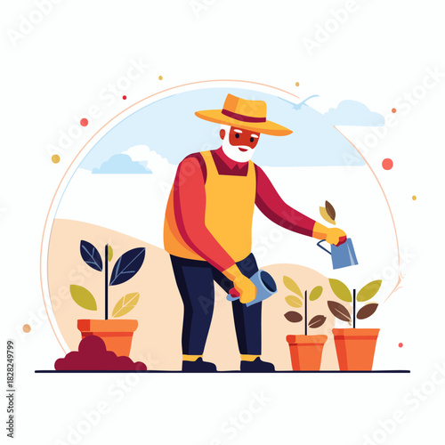 Gardening Farmer Planting and Watering with Pots.