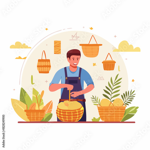 Man Creating Handwoven Basket In Workshop.