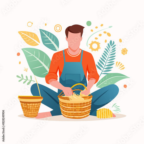 Craftsman Sitting Weaving Basket With Hands.