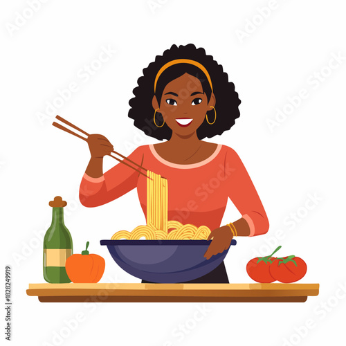 Young woman cooking noodles with chopsticks at table.