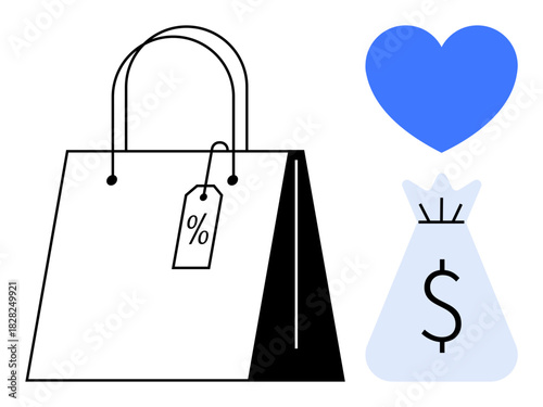 Shopping bag with discount tag, money bag, and blue heart icon. Ideal for online shopping, retail sales, e-commerce, customer loyalty, financial transactions, discounts and brand promotion