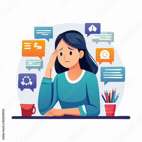 Distraught woman at desk surrounded by chat bubbles.